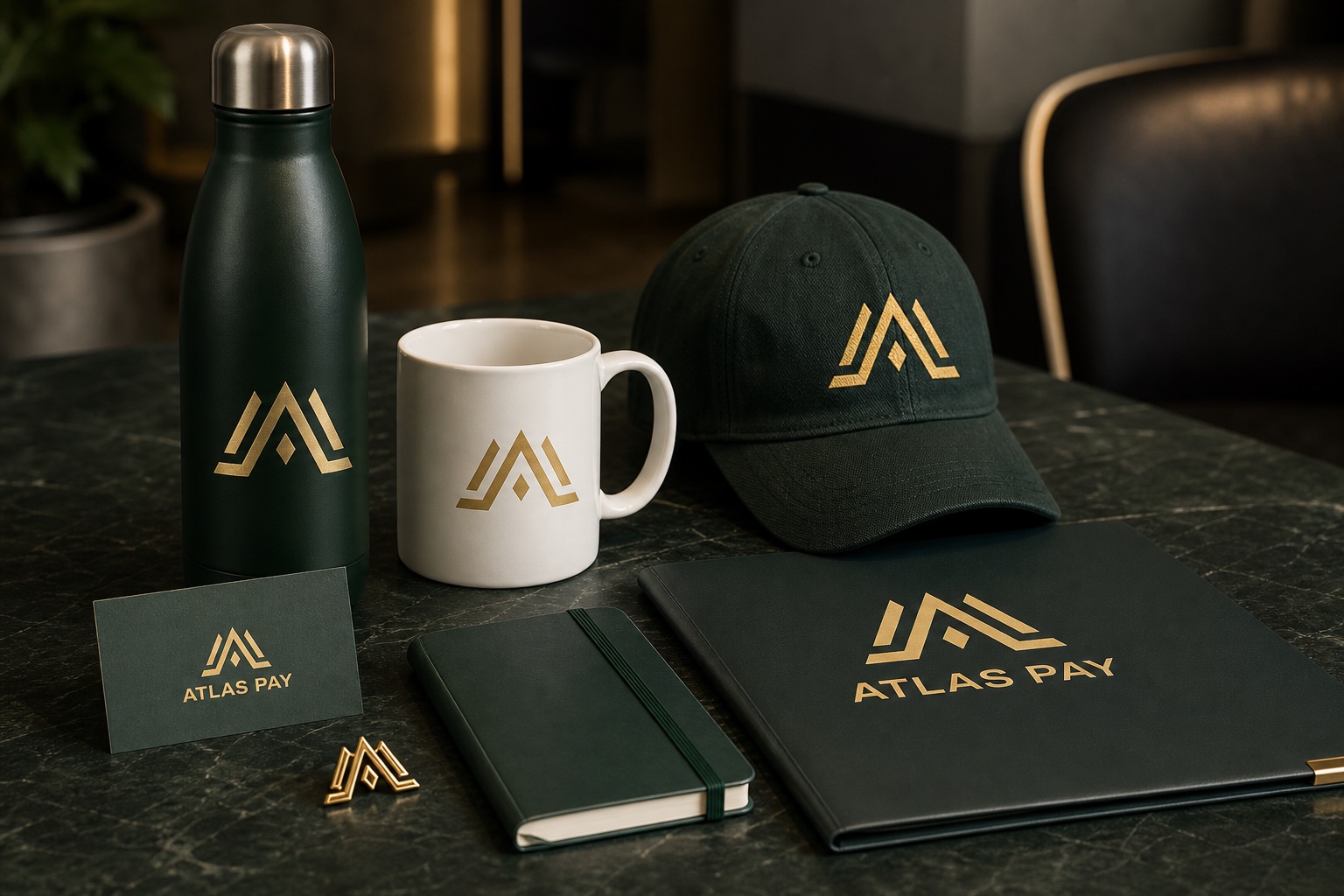 Garrafa, caneca, boné, broche e pasta de contrato com identidade Atlas Pay