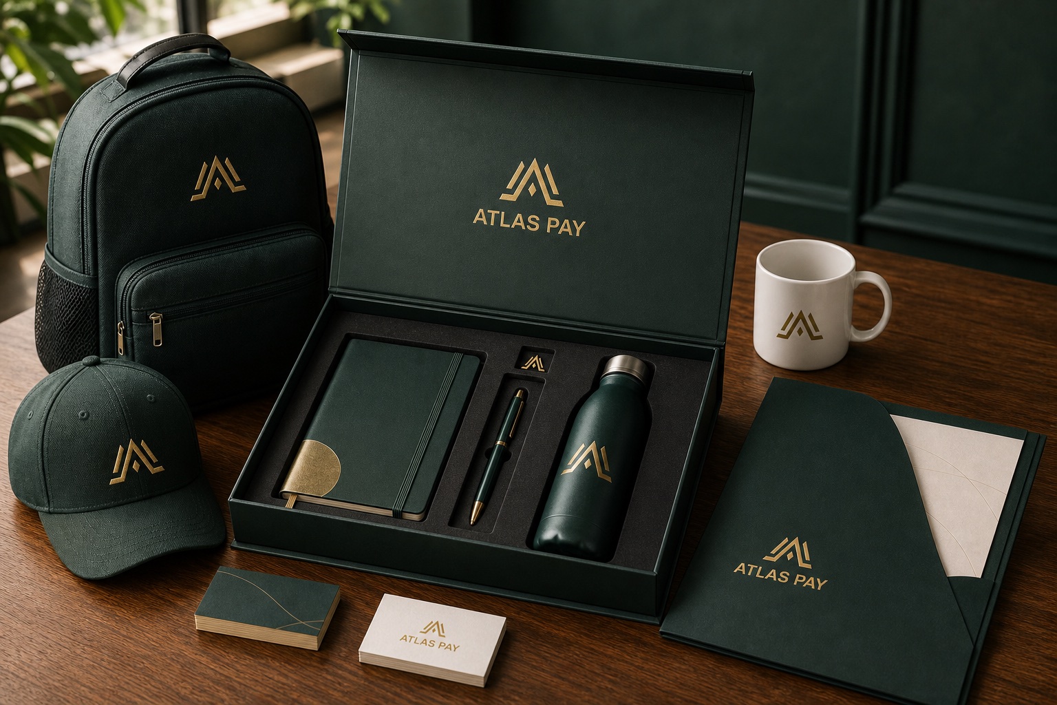 Press kit premium da Atlas Pay com mochila, boné, garrafa, caneca e materiais profissionais